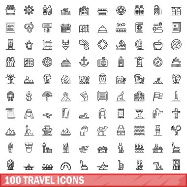 100 seyahat simgesi ayarlandı. Beyaz arkaplanda izole edilmiş 100 seyahat simgesinin taslak çizimi