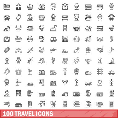 100 seyahat simgesi ayarlandı. Beyaz arkaplanda izole edilmiş 100 seyahat simgesinin taslak çizimi