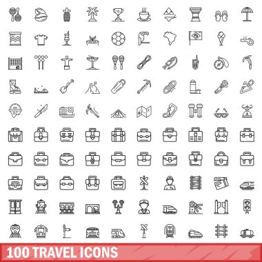100 seyahat simgesi ayarlandı. Beyaz arkaplanda izole edilmiş 100 seyahat simgesinin taslak çizimi