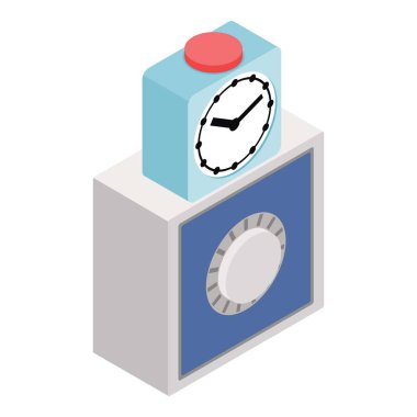 Banka mevduat ikonu izometrik vektörü. Kapalı metal kasa ve kare alarm saati. Bankacılık dönemi depoziti, para, finans, zaman