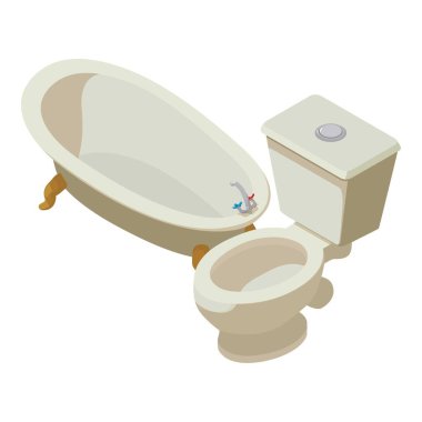 Banyo ekipmanı ikon izometrik vektörü. Musluğu ve klozeti olan modern bir küvet. Banyo, iç mekan, ekipman.