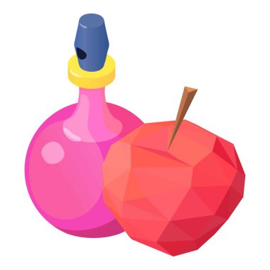 Kadın parfüm ikonu izometrik vektörü. Bir şişe parfüm ve kırmızı elma çokgeni. Parfüm de tuvalet, meyveli aroma, parfüm.