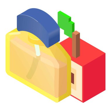 Erkekler ikon izometrik vektörü koklar. Bir şişe parfüm ve yarım kırmızı kare elma. Parfüm de tuvalet, meyveli aroma, parfüm.