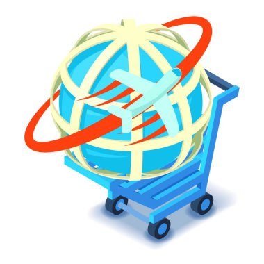 Uluslararası yük ikonu izometrik vektörü. Uçan uçak, dünya haritası, alışveriş arabası. Dünya çapında dağıtım