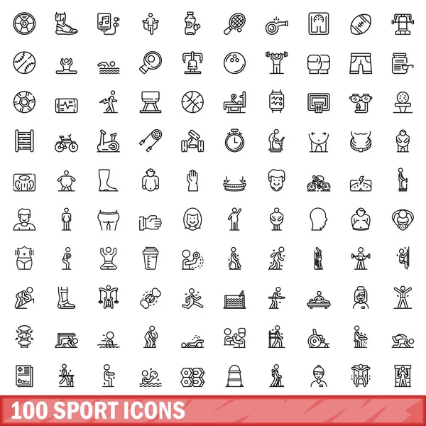100 Iconos Deportivos Esquema Ilustración 100 Iconos Deportivos Vector Conjunto — Vector de stock