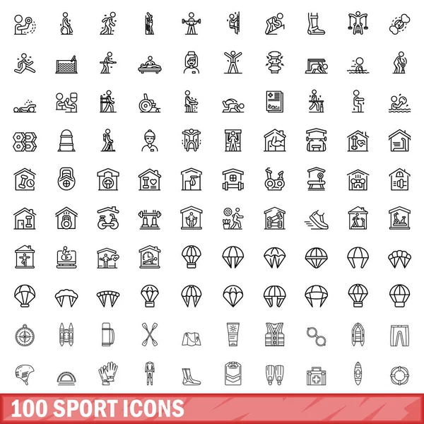 100 Iconos Deportivos Esquema Ilustración 100 Iconos Deportivos Vector Conjunto — Vector de stock