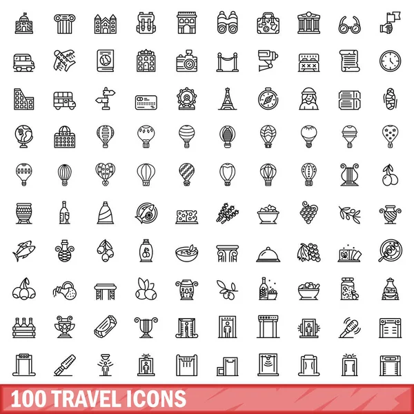100 Піктограм Подорожі Встановлено Начерки Ілюстрації 100 Піктограм Подорожей Векторний — стоковий вектор