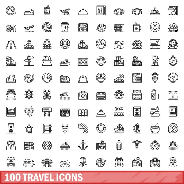 100 Reise Ikonen Gesetzt Umriss Illustration Von 100 Reise Icons — Stockvektor