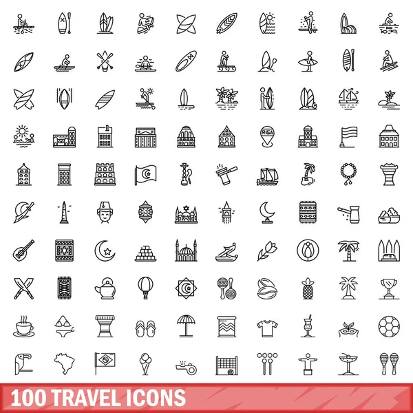 100の旅行アイコンセット 白い背景に孤立した100個の旅行アイコンベクトルセットの概要図 — ストックベクタ