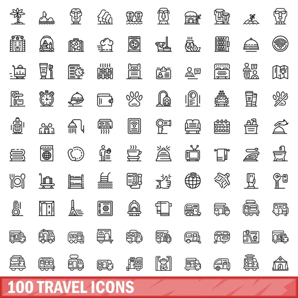 100 Iconos Viaje Esquema Ilustración 100 Iconos Viaje Vector Conjunto — Vector de stock