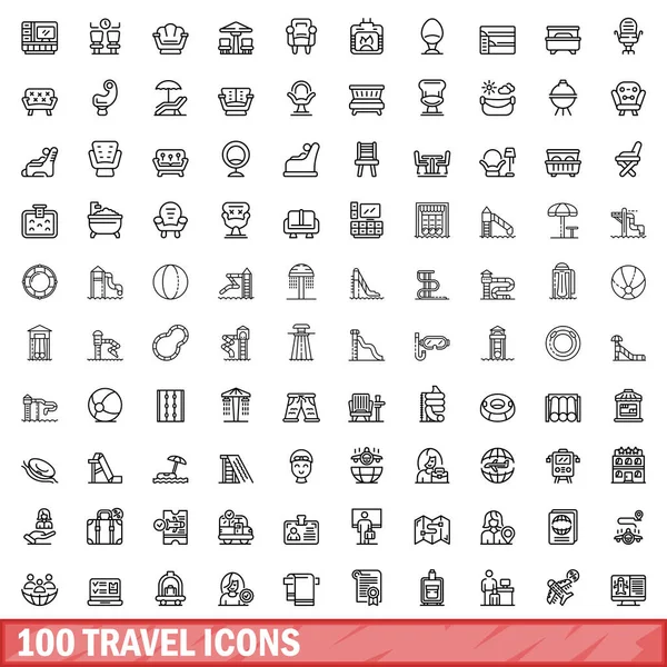 100 Ταξιδιωτικά Εικονίδια Έτοιμα Συνοπτική Απεικόνιση 100 Διανυσματικών Εικονιδίων Ταξιδιού — Διανυσματικό Αρχείο