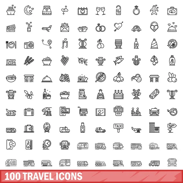 100の旅行アイコンセット 白い背景に孤立した100個の旅行アイコンベクトルセットの概要図 — ストックベクタ