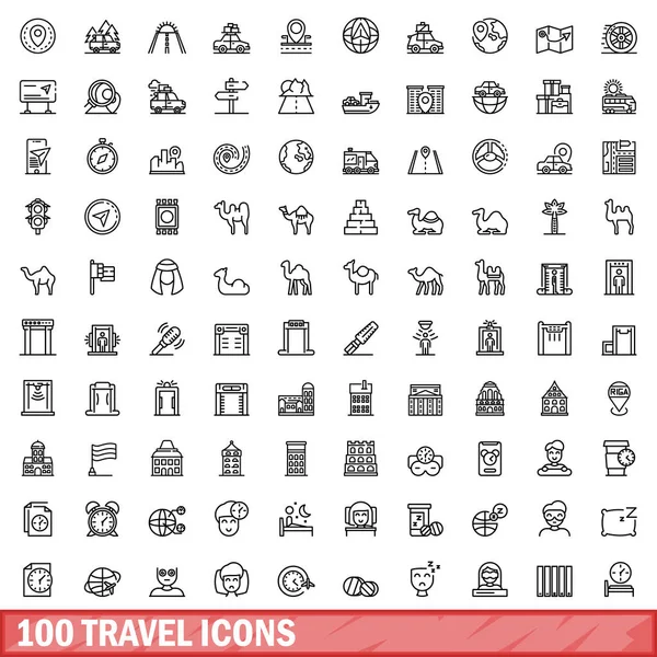 100 Iconos Viaje Esquema Ilustración 100 Iconos Viaje Vector Conjunto — Vector de stock