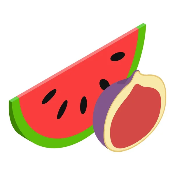 夏果图标等量向量 新鲜成熟的西瓜片和半个无花果 有益的水果 有机营养 健康的生活方式 — 图库矢量图片