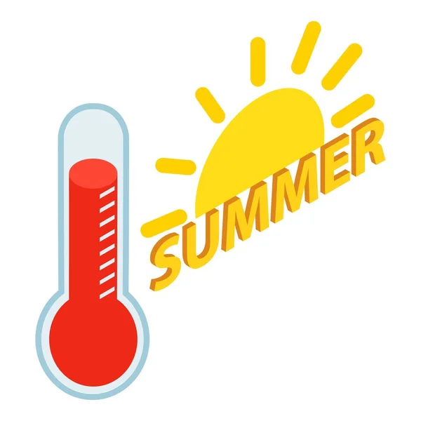 暑い夏のアイコン等角ベクトル 明るい夏の太陽と赤のホット温度計アイコン 乾燥した天候高温地球温暖化 — ストックベクタ