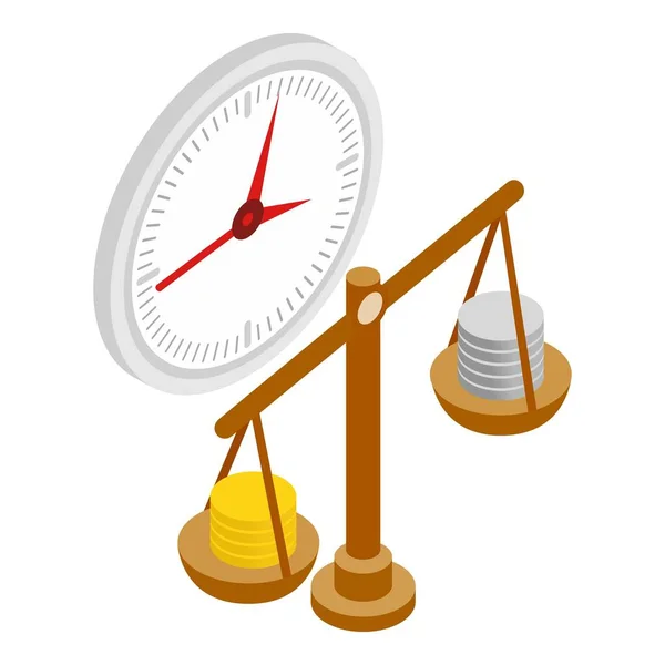 stock vector Keeping finance icon isometric vector. Stack of coin on scales and round clock. Time, finance, money, income