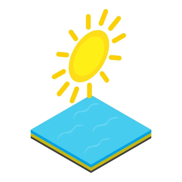 日当たりの良い海のアイコン等角ベクトル 空の黄金の太陽とまだ海の表面のアイコン 晴れた夏の日 天気の良い日 — ストックベクタ