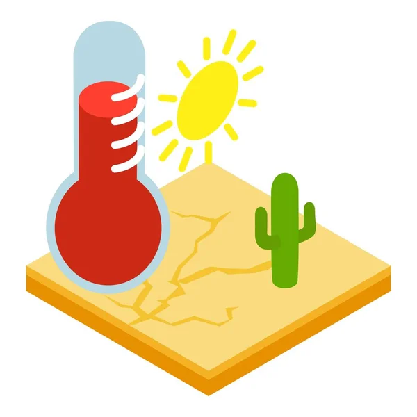 ドライアイコン等角ベクトル 灼熱の太陽の下で乾燥した土壌 熱い赤い温度計 乾燥した天候 気候変動 砂漠化 — ストックベクタ