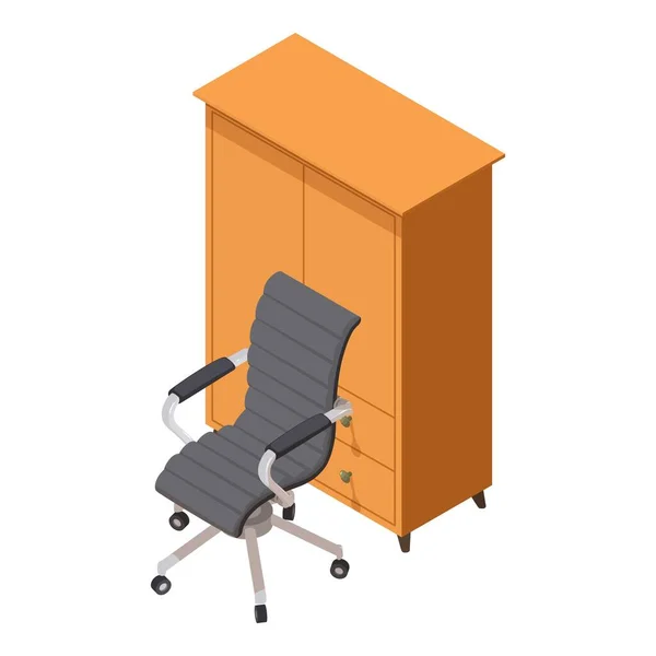 オフィス家具アイコン等角ベクトル モダンな革の椅子とオフィスワードローブ 近代的な家具 — ストックベクタ