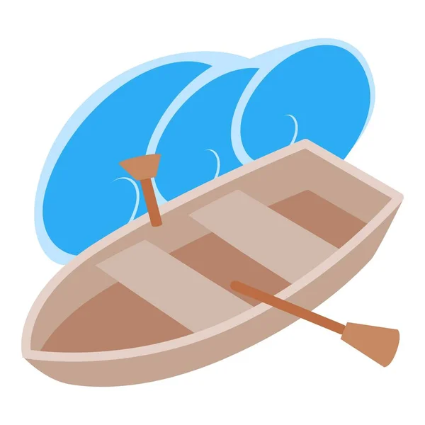 ボートアイコン等角ベクトル パドルと海の波のアイコンと木製の漁船 新しい木のボート 水輸送 — ストックベクタ