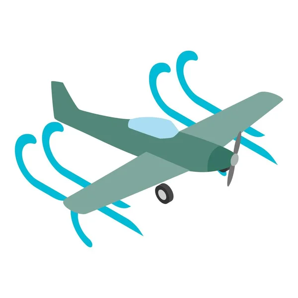 プロペラ面アイコン等角ベクトル 空気の流れのアイコンに飛んで緑の飛行機 航空輸送 軽飛行機 民間の小型飛行機 — ストックベクタ