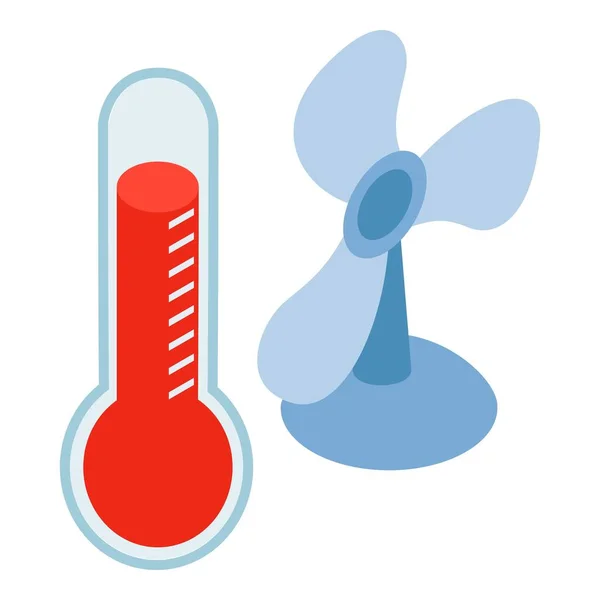 暑い夏のアイコン等角ベクトル 青いテーブルファンと赤いホット温度計のアイコン 乾燥した天候高温地球温暖化 — ストックベクタ
