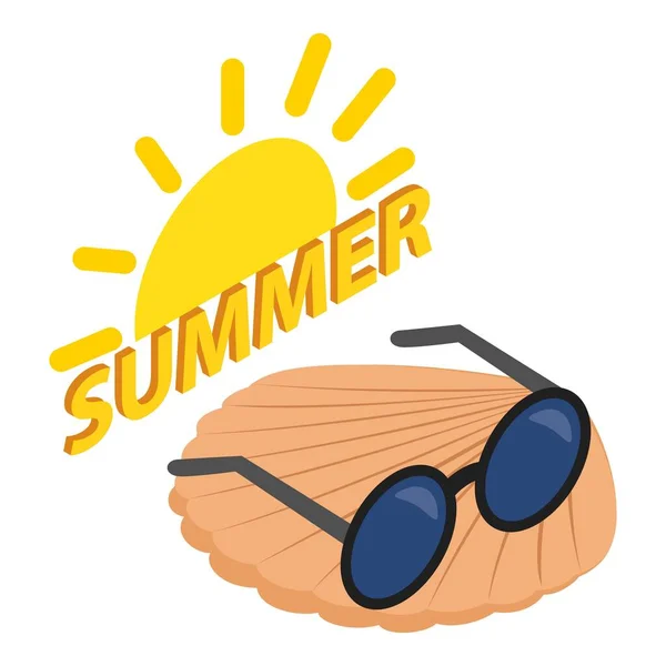 夏休みのアイコン等角ベクトル 貝殻に明るい太陽と太陽の眼鏡 ビーチアクセサリー 海の休日 — ストックベクタ