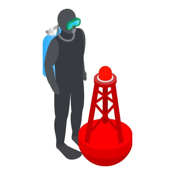 Scuba Diver Icon Isometric Vector Human Wetsuit Red Floating Lighthouse — Stock Vector