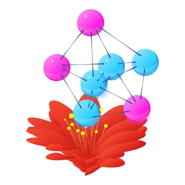 Czerwony Wektor Izometryczny Ikony Kwiatu Kwitnący Szkarłatny Kwiat Wielokolorowa Molekuła — Wektor stockowy