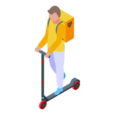 Kutu kurye teslimat ikonu izometrik vektörü. Servis şoförü. Scooter Ekspresi