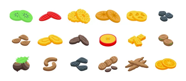 Kurumuş Meyve Ikonları Izometrik Vektör Oluşturdu Kayısı Inciri Yiyecek Kuru — Stok Vektör