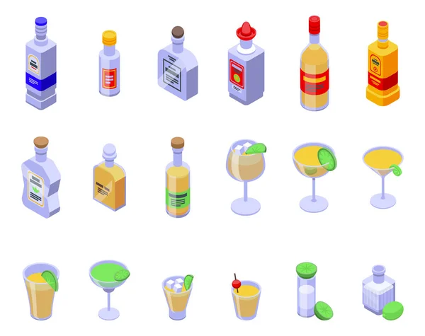 Tequila Icons Set Isometric Vector Mexico Shot Alcohol Coctail — Stock Vector