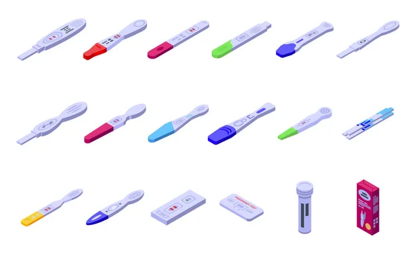 Ícones Teste Gravidez Definir Vetor Isométrico Kit Análise Nascimento Bebé — Vetor de Stock