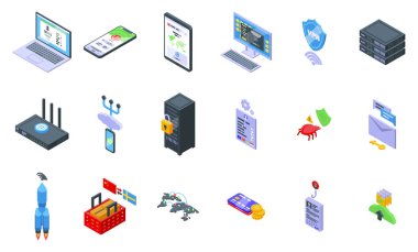 VPN simgeleri izometrik vektör ayarladı. Kalkanı koruyun. Ağ korsanı