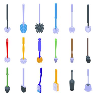 Tuvalet fırçası simgeleri izometrik vektörü ayarladı. Ev banyosu. Temiz ekipman