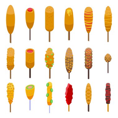 Corn dog simgeleri izometrik vektör belirledi. Amerikan karnavalı. Acı biber.