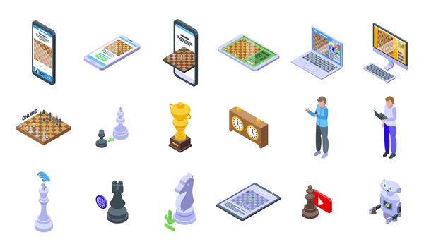 Online Chess Game Icons Set Isometric Vector People Tournament Online — Stock Vector