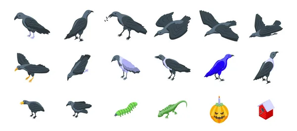 Иконки Ворона Устанавливают Изометрический Вектор Животная Птица Темное Перо — стоковый вектор