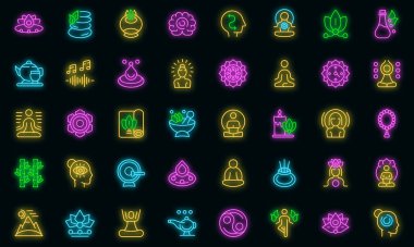 Meditasyon simgeleri dış hat vektörünü ayarlar. İyi yogalar. Ruhani doğa vektörü neon