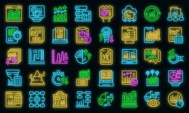 Veri analiz simgeleri dış hat vektörünü ayarlar. İstatistik çizelgesi. İş iletişim vektörü neon
