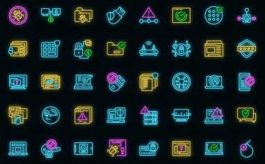 Antivirüs simgeleri dış hat vektörünü ayarlar. Kötü amaçlı yazılım hatası. Siber veri vektörü neon