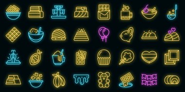 Çikolata festivali ikonları ana hatlarını belirler. Paskalya hayvanı. Şeker kutlaması vektörü neon
