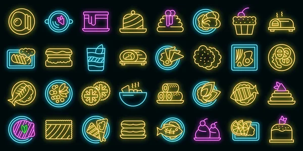 澳大利亚烹饪图标设置了轮廓向量 烤早餐 食用鱼矢量霓虹灯 — 图库矢量图片