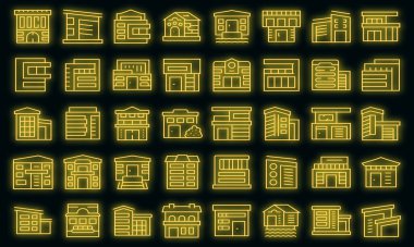 Villa simgeleri dış hat vektörünü ayarlar. Malikane. Ön ev vektörü neon