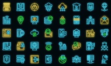 Jakarta simgeleri dış hat vektörünü ayarlar. Mimarlık binası. Endonezya ufuk çizgisi vektörü neon