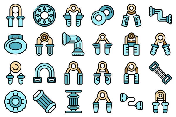 Espander Icons Set Outline Vector Activity Band Arm Iron Thin — Stock Vector