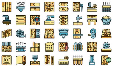 Döşeme kurulum simgeleri ana hat vektörünü ayarlayın. Vinil duvar. Ahşap malzeme ince çizgi beyaz üzerinde düz renk