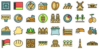 Belarus simgeleri dış hat vektörünü ayarlar. Minsk mimarisi. Leylek bayrağı ince çizgi beyaz üzerine düz