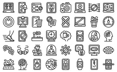 Dijital detoks simgeleri dış hat vektörünü ayarlar. Çevrimdışı bağımlılık. Alışkanlık okuma