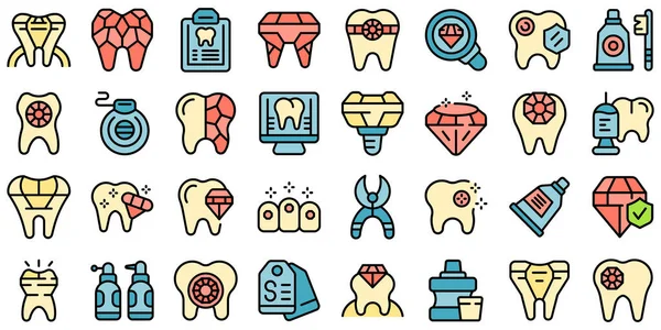 stock vector Tooth gems icons set outline vector. Dental care. Medicine dent thin line color flat on white